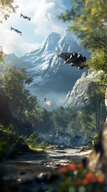 Futuristic aircraft over forest valley beneath snowy mountain.