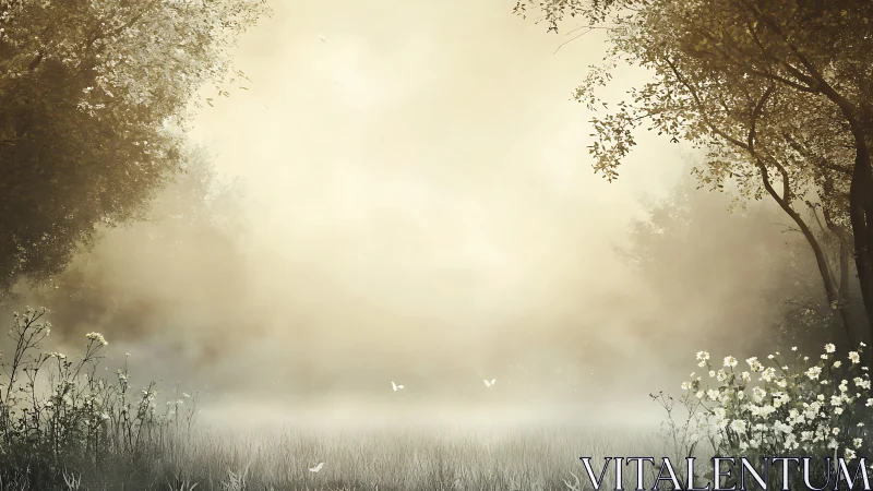 Misty sunlit meadow bordered by trees and wildflowers.