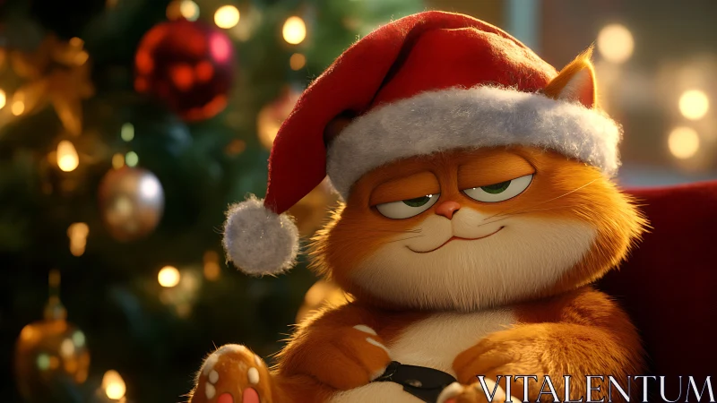 Orange cartoon cat in Santa hat before Christmas tree.