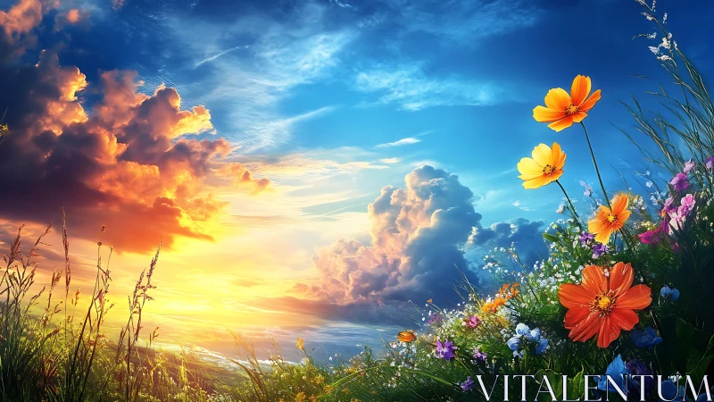 Vibrant wildflowers glow beneath a dramatic sunset sky