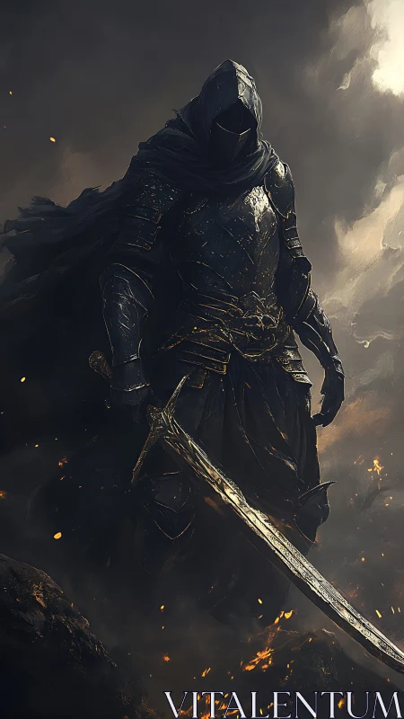 Dark armored knight stands amid swirling embers and smoke.