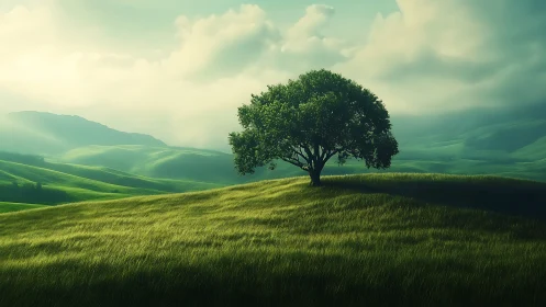 Solitary green tree crowns sunlit hill amid rolling plains