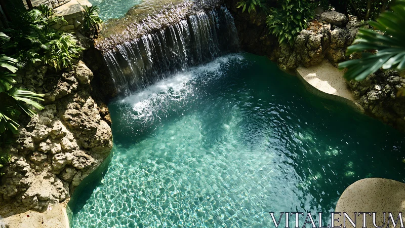 Lush tropical rock pool with cascading waterfall sparkles invitingly.