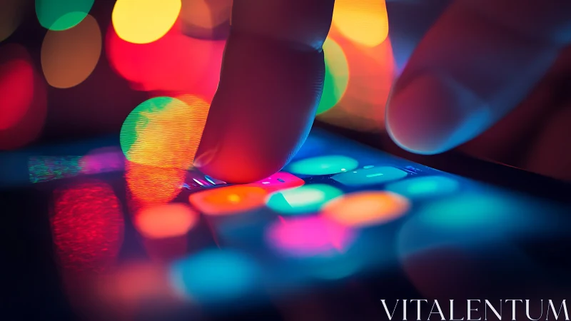 Macro interaction with capacitive touchscreen in neon bokeh field.