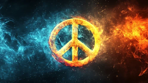 Peace sign glowing between fire and ice in cosmic swirl.