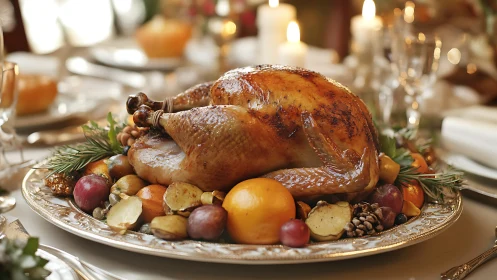 Roast turkey rests on silver platter with rustic vegetables