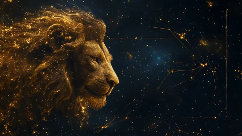 Golden cosmic lion forming Leo constellation in space.