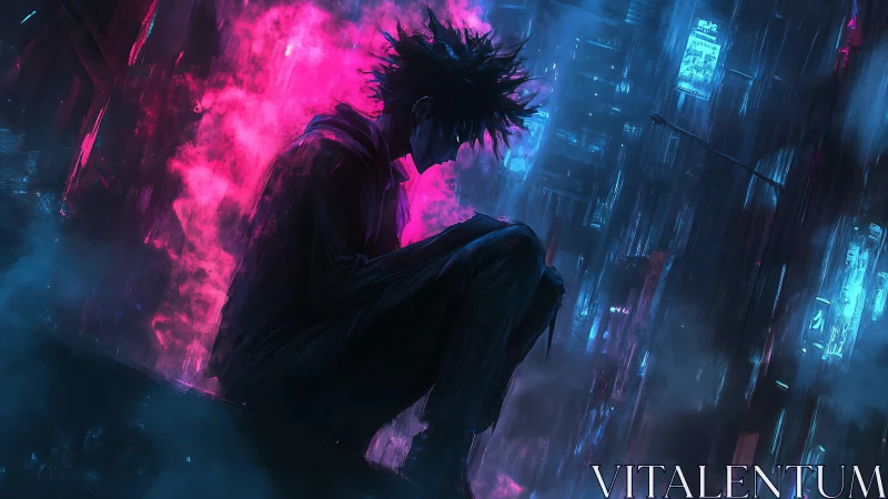 Solitary figure in neon city haze and electric shadows.