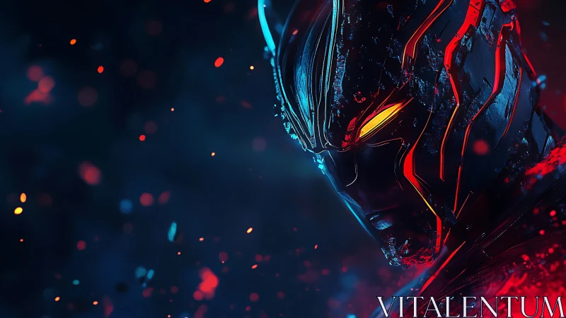 Cybernetic warrior helmet glows with molten red energy