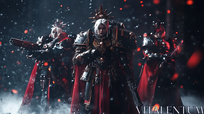 Heavily armored warriors in red capes amid drifting embers.