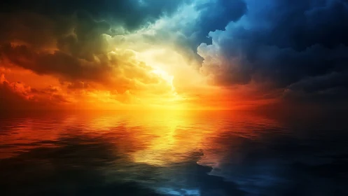 Sunset light transitions across clouds and reflective sea surface