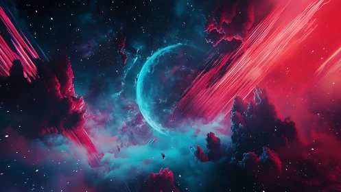 Planet framed by nebula clouds and diagonal light streaks