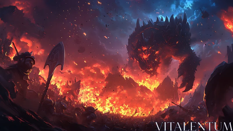 Colossal lava beast attacks armored army in burning valley.