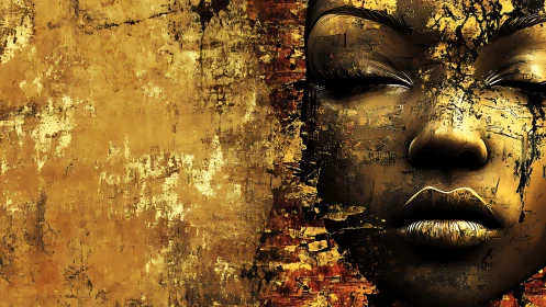 Golden female face in fragmented textured abstract art.