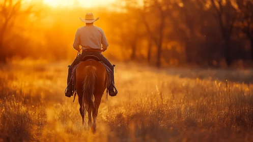 Rear-view cowboy on horseback in golden hour prairie light