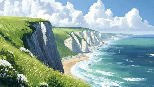 Sunlit white sea cliffs overlook deep turquoise coast.