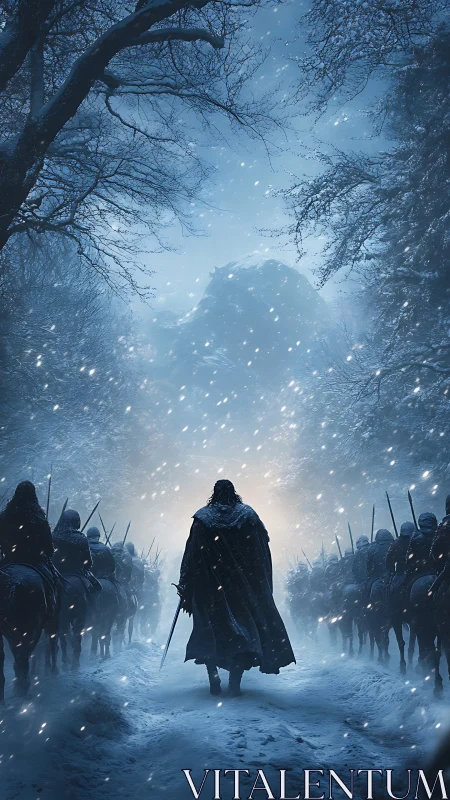Solitary cloaked commander advances through snowbound phalanx