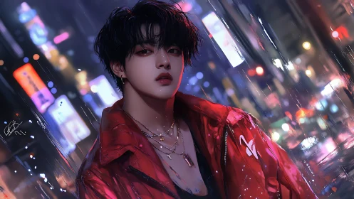 Moody digital portrait of young man in neon city night