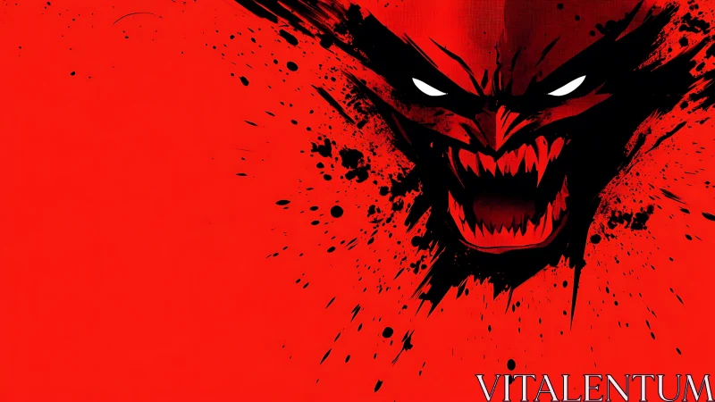 Savage demonic visage exploding in high-contrast crimson field.