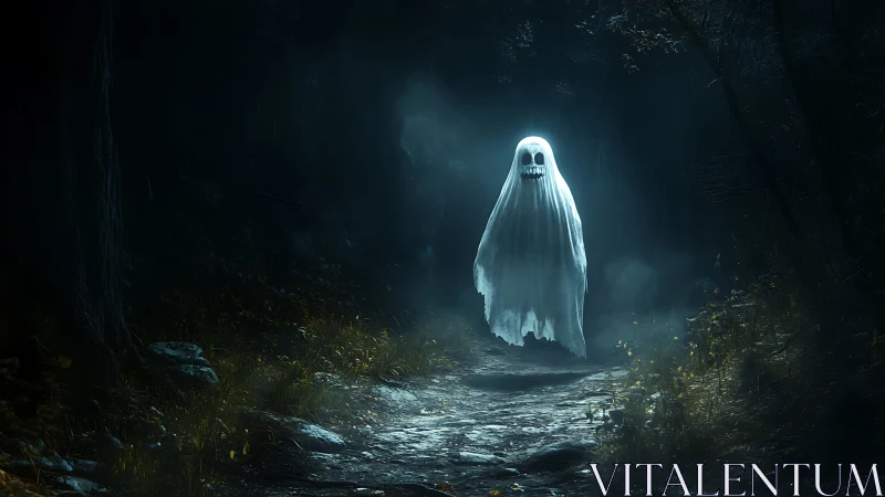 Luminous ghost drifting over moonlit forest trail at night.