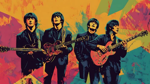 Colorful guitar band stands bold against vibrant abstract art