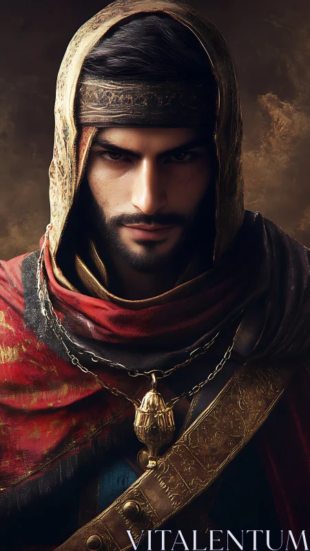 Hooded figure in ornate garments is rendered in close portrait