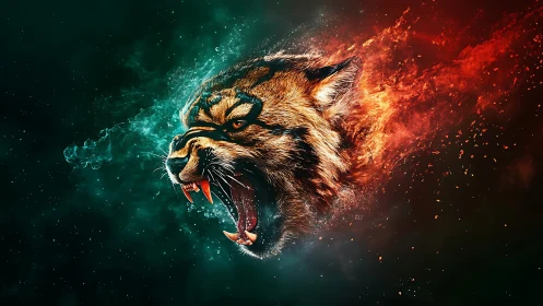 Digital painting of roaring wildcat with bifurcated energy trail.