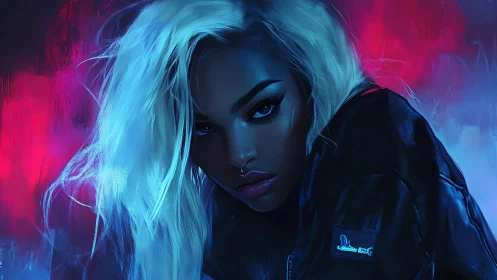 Electric neon portrait captures a fierce, enigmatic gaze