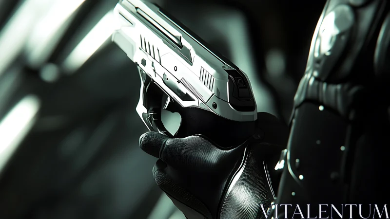 Futuristic pistol in armored hand under cinematic light.