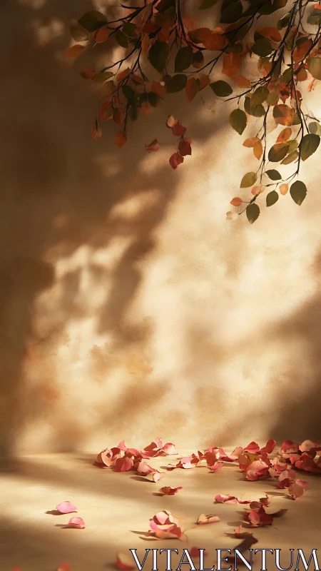 Fallen pink petals and autumn branches in soft studio light.