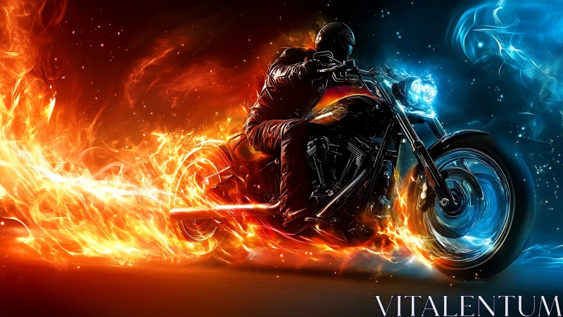 Motorcycle rider traverses contrasting fire and blue energy