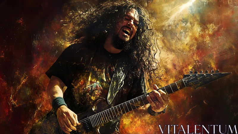 Electric guitarist lost in fiery, passionate performance.