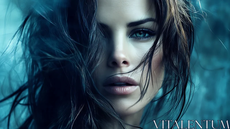 Moody portrait shows intense teal-lit female face closeup.