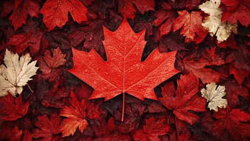 Scarlet maple ringleader ruling a carpet of autumn rebels.