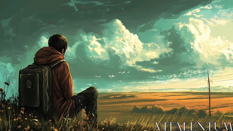 Solitary traveler contemplates vast golden plains at dusk