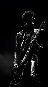Electric guitarist silhouetted in dramatic stage spotlight.