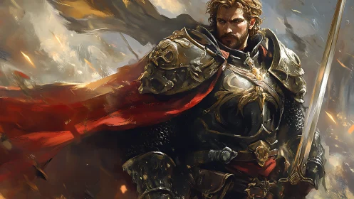 Battle-hardened knight stands resolute amid fiery chaos