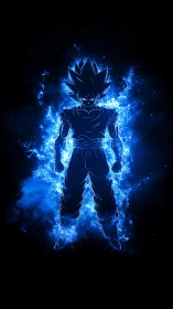 Electric blue warrior silhouette radiates cosmic power