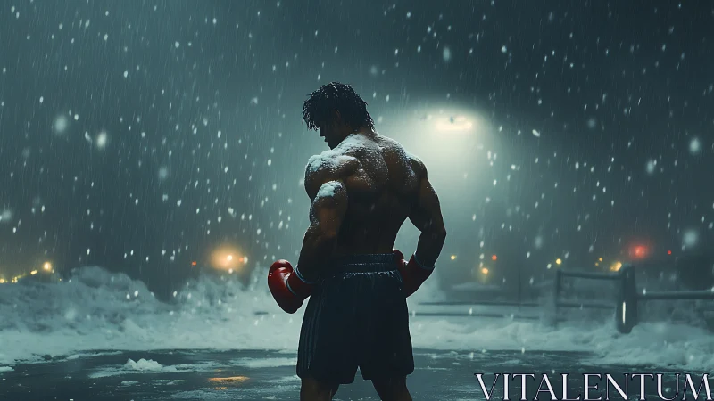 Solitary Boxer in Heavy Precipitation During Urban Snowstorm.