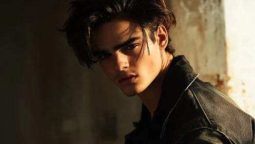 Shadow-kissed gaze in rust-lit doorway of quiet mystery.