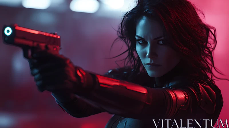 Armed woman in tactical suit under red neon lighting.