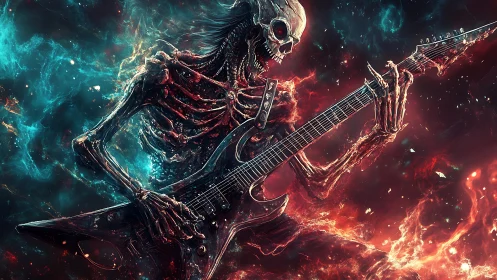 Skeletal electric guitarist amid contrasting fiery nebula field.