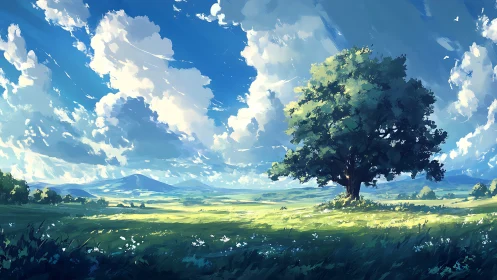 Solitary summer oak bathing in windswept skyglow fields.