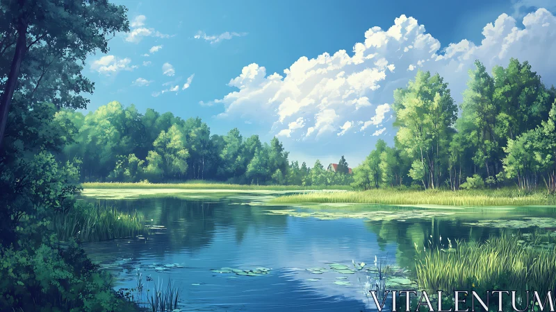 Lakeside forest scene reflects clouds in calm daylight water