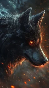 Fiery-eyed wolf portrait in glowing embers and smoke.