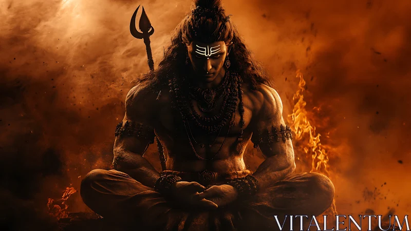 Fiery meditative warrior seated in glowing cosmic calm.