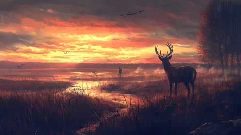 Digital painting of stag at marshland sunset with mist layers.