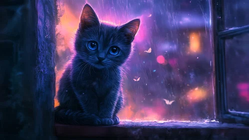 Luminescent Feline Sentinel in Neon Downpour.
