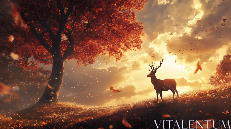 Stag stands under blazing autumn tree at golden sunset