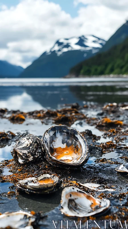 Sunlit seashells resting on a calm mountain shoreline.